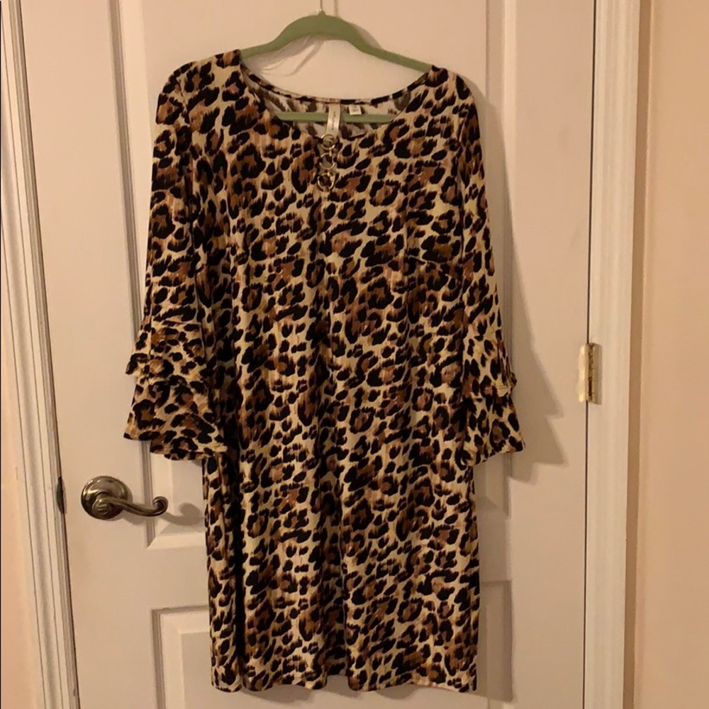 Leopard Print Shift Dress with Ruffle Sleeves - Brown